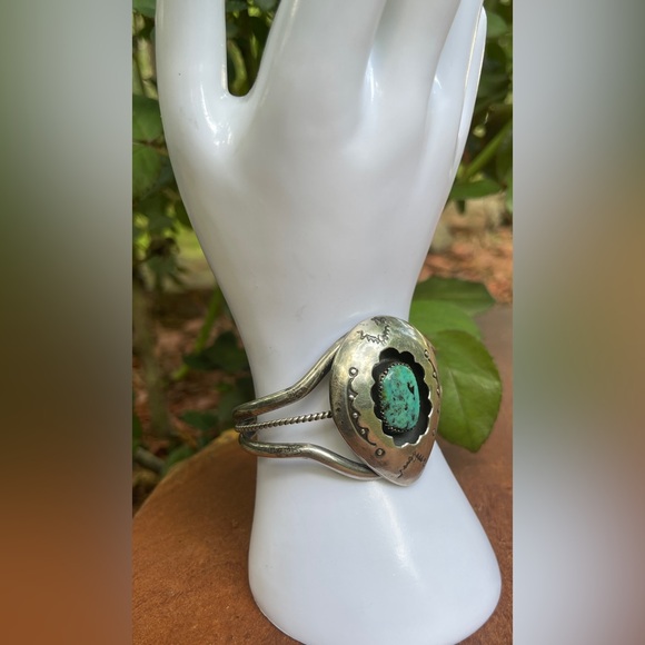 Native American Silver Turquoise Cuff Bracelet Signed - Picture 2 of 5